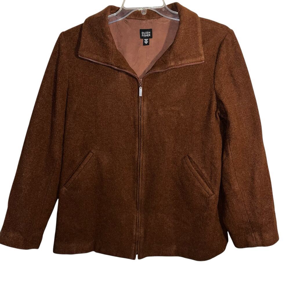Eileen Fisher 100% Wool Zip Front Jacket Rust Brown Italian Fabric Size M
